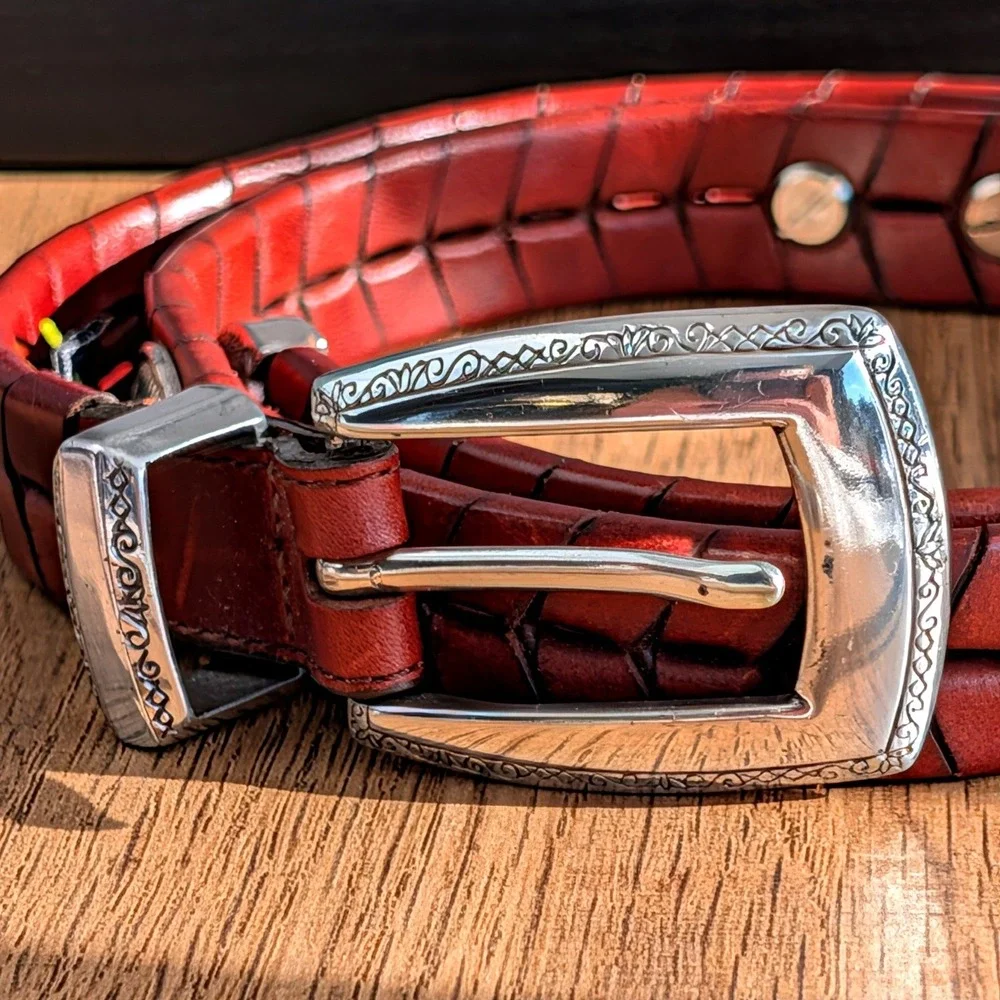Brighton Red Brown Braided Leather Belt Silver Conchos Engraved Buckle 33